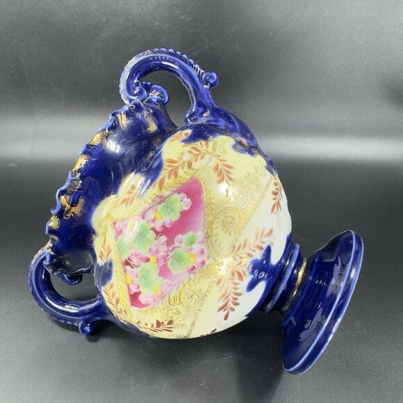 Antique Fine Porcelain Vase Vessel Footed Dish Bowl W Handles Decorated Ceramic - Picture 12 of 16